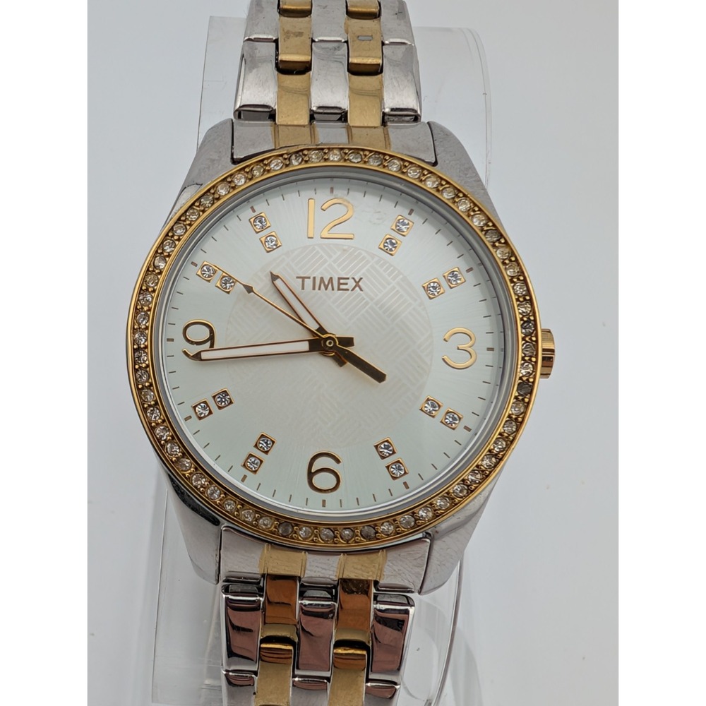 Timex Women 32mm Watch Two Tone Crystal Bezel T2P389 New Battery 7.5"